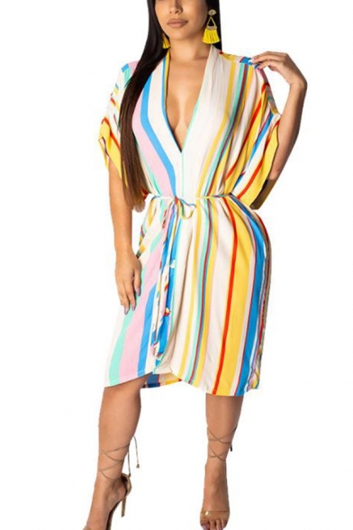 Fashion Vertical Stripe Printed V-Neck Short Sleeve Midi A-Line Dress