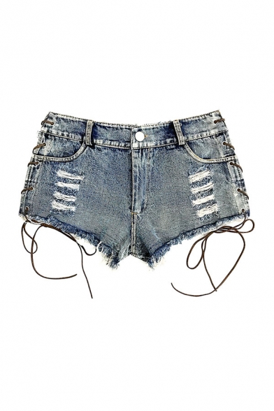 Fashion Womens Shorts Lace-up Cut-out Pocket Distressed Acid Wash Zip Placket Mid Waist Slim Fitted Mini Denim Shorts