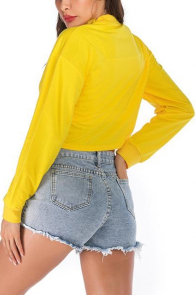 Fashion Yellow Female Glove Sleeve Mock Neck I AM YELLOW Letter Wire Pattern Slim Fit Crop Tee