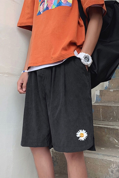 Fashionable Single Daisy Floral Printed Elastic Waist Relaxed Fit Shorts