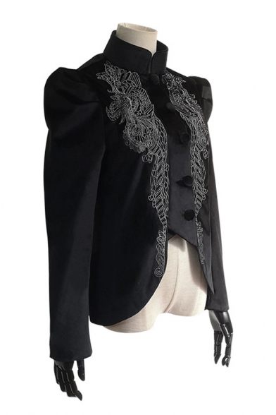 Gothic Womens Velvet Flower Printed Puff Long Sleeve Stand Collar Button Up Irregular Hem Lace Up Back Regular Jacket in Black