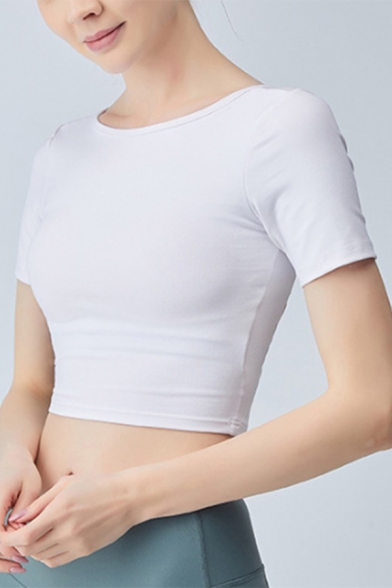 Gym Girls Solid Color Quick-dry Hollow Out Back Short Sleeve Crew Neck Slim Fit Crop T Shirt in White