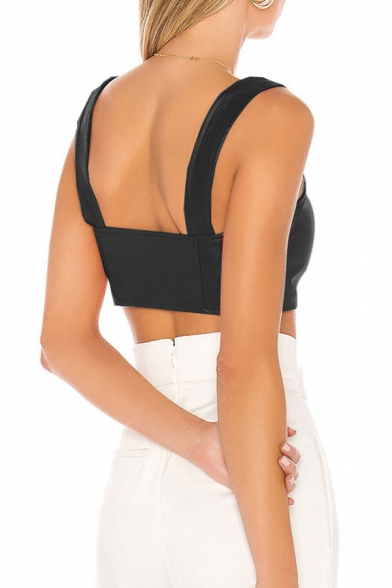 Hot Girls Solid Color Metallic Square Neck Tied Front Slim Fit Cropped Tank Top