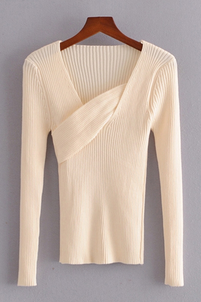 

Ladies Stylish Knit Long Sleeve Asymmetric Neck Patchwork Slim Fit Plain Pullover Sweater, White;gray, LM692906