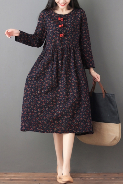 Ladies Vintage Ditsy Flower Printed Linen and Cotton Long Sleeve Round Neck Frog Button Mid Swing Dress