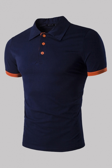 Men's Trendy Polo Shirt Solid Color Contrast Cuff Button Placket Short Sleeves Spread Collar Slim Fit Polo Shirt
