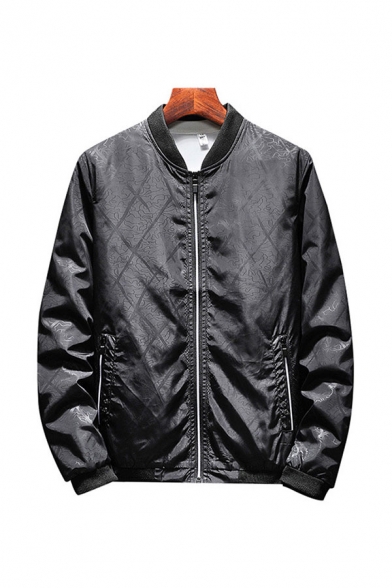 Mens Jacket Fashionable Rhombus Abstract Line Pattern Zipper down Stand Collar Long Sleeve Regular Fit Varsity Jacket