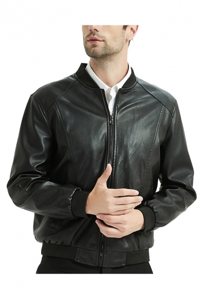 Mens Jacket Simple Rib Trim Lined Zipper Detail Stand Collar Regular Fit Long Sleeve Leather Jacket