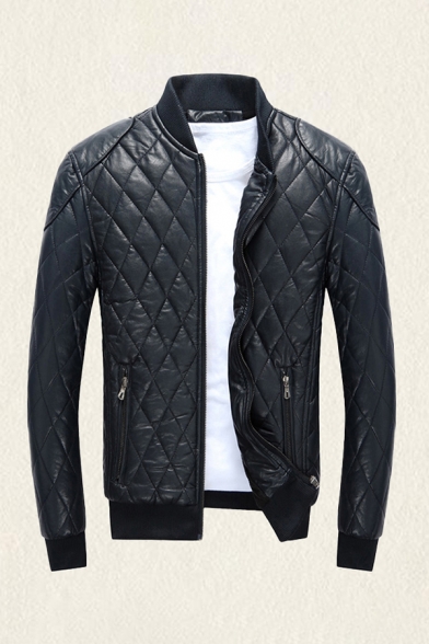 Mens Jacket Unique Quilted Zipper up Long Sleeve Stand Collar Slim Fitted Leather Jacket