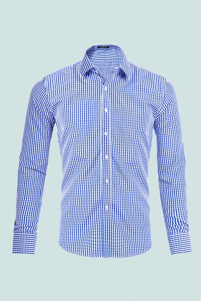 Mens Shirt Unique Gingham Printed Button-down Long Sleeve Turn-down Collar Slim Fitted Shirt