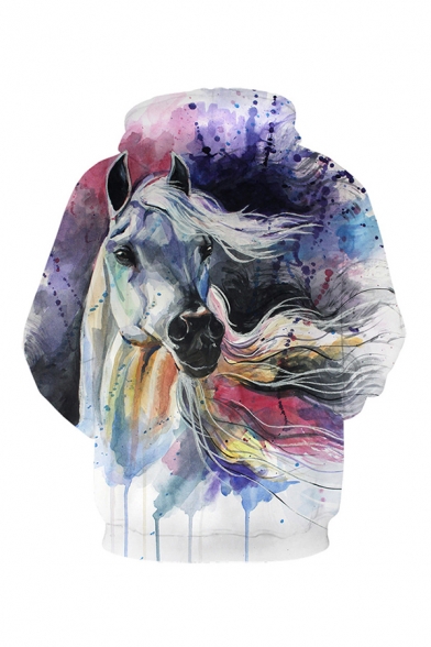 Mens Stylish 3D Hooded Sweatshirt Animal Horse Watercolor Painting Splatter Pattern Pocket Drawstring Regular Fit Long Sleeve Hoodie