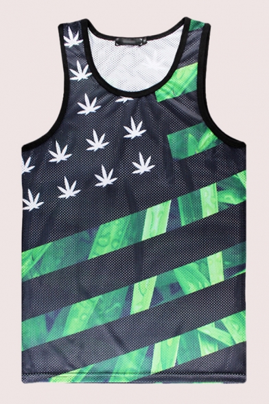 Mens Tank Top Stylish Weed Leaf Printed Breathable Mesh Sleeveless Regular Fitted Crew Neck Tank Top