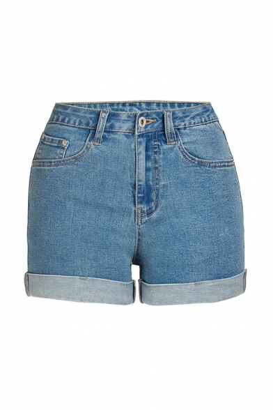 Novelty Womens Blue Shorts Faded Wash Roll-up High Waist Slim Fitted Zipper Fly Denim Shorts