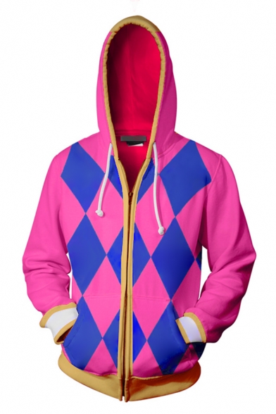 Popular Comic Theme Colorblock Geometric Pattern Drawstring Hooded Long Sleeve Pink Zip Up Hoodie