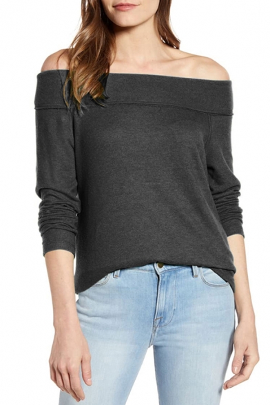 Popular Womens Plain Off the Shoulder Long Sleeve Loose Fit Tee Top