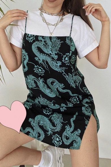 Retro Allover Dragon Pattern Spaghetti Straps Slit Side Short Sheath Cami Dress for Girls
