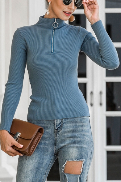 Sexy Ladies Plain Long Sleeve Stand Collar Half Zipper Slim Fit Knit Pullover Sweater
