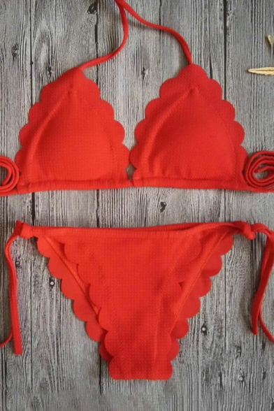 Sexy Plain Hollow Out Tied Front Halter Tied Sides String Bikinis