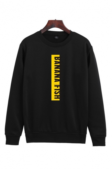 Simple Letter Banana Fish Printed Crew Neck Long Sleeve Relaxed Fit Pullover Sweatshirt