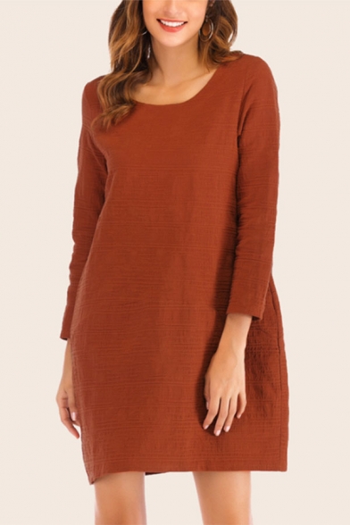 Simple Solid Color Round Neck Long Sleeve Oversized Short T Shirt Dress for Women