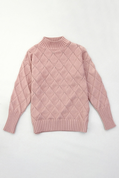 Street Ladies Plain Long Sleeve Mock Neck Rhombus Knitted Relaxed Pullover Sweater Top