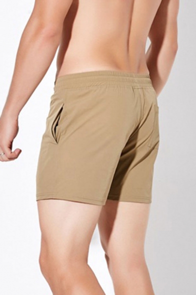 Stylish Mens Solid Color Fast Dry Elastic Waist Pocket Mid Rise Straight Fit Running Shorts