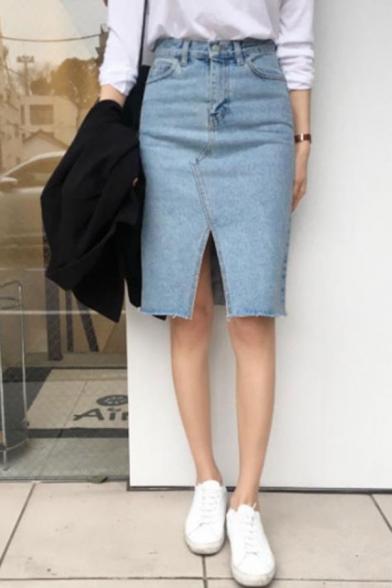 Summer High Waist Fashion Split Front Raw Hem Midi Blue Pencil Skirt Denim Skirt