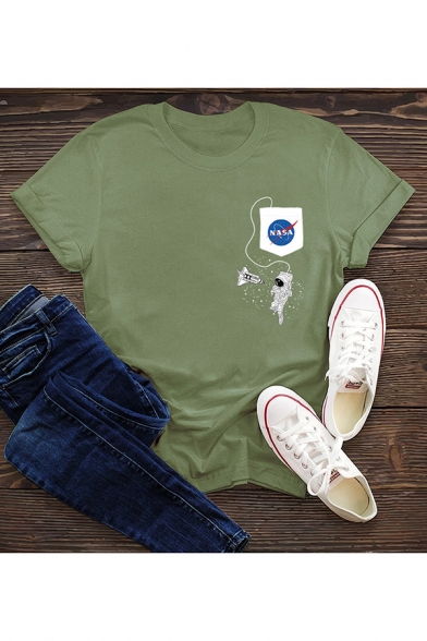 Trendy Astronaut Logo Printed Round Neck Roll Up Short Sleeve Regular Fit T-Shirt for Women