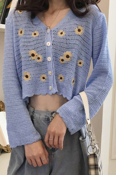 Unique Womens Daisy Embroidery Single Breasted V-Neck Long Sleeve Relaxed Cropped Knit Cardigan Pointelle Sweater