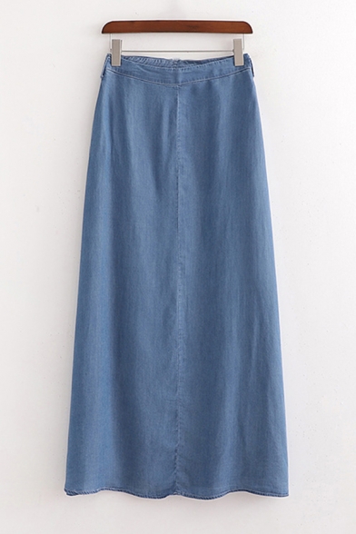 

Unique Womens Skirt Plain Tencel Denim High Rise Zipper Back Maxi Straight Skirt, Blue, LM697963