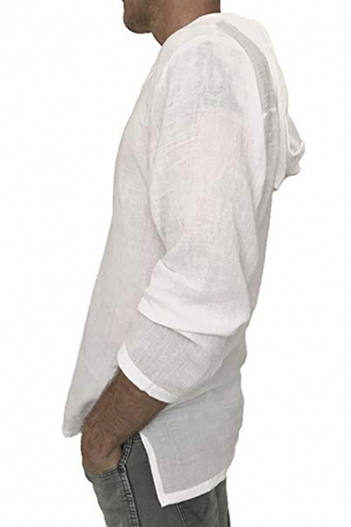 Vintage Mens Tee Top Plain Cotton Linen Split Hem Relaxed Fit Long Sleeve Hooded Tee Top