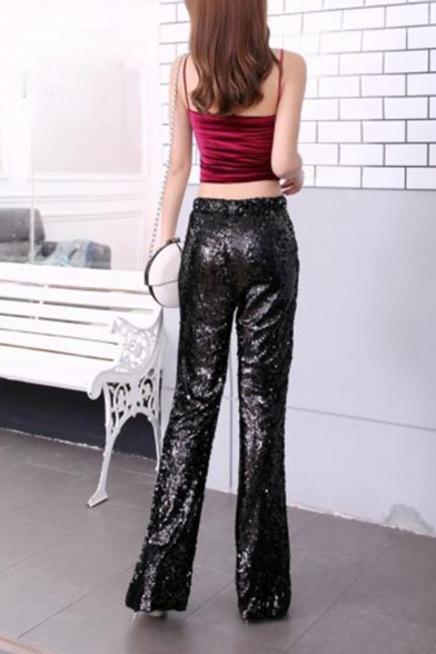 Vintage Womens Flare Pants Sequin Decoration High Rise Full Length Flare Pants
