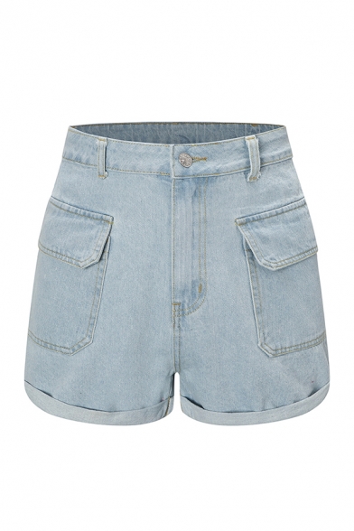 Womens Shorts Fashionable Rolled Cuffs Flap Pockets High Rise Zipper Fly A-Line Regular Fitted Blue Denim Shorts