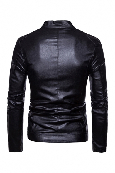Basic Mens Jacket Chest Pockets Zipper down Mock Neck Long Sleeve Slim Fitted Leather Jacket