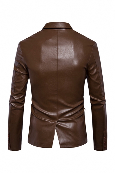 Basic Mens Jacket Solid Color Button down Split Back Lapel Collar Long Sleeve Slim Fitted Leather Jacket