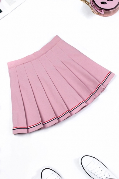 Basic Womens Skirt Stripe Tape Decoration High Waist Midi A-Line Pleated Skirt