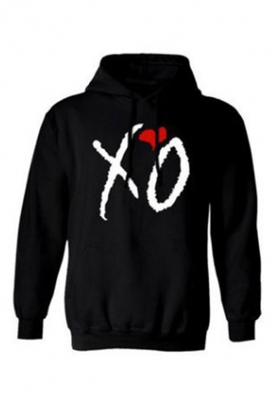 Chic Letter XO Printed Long Sleeve Relaxed Loose Black Pullover Hoodie