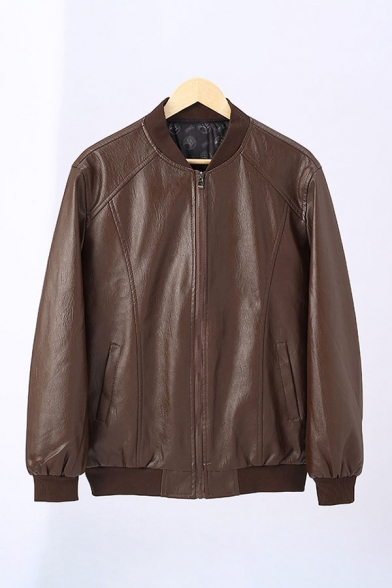 Cool Mens Jacket Plain Cuffed Zipper up Long Sleeve Stand Collar Regular Fit Leather Jacket