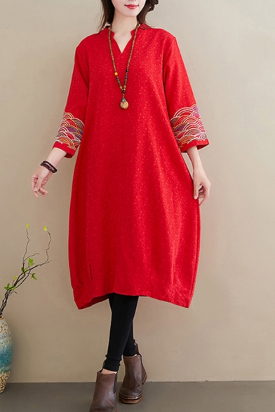 Ethnic Womens Patterned 3/4 Sleeve V-neck Linen and Cotton Mid Oversize Dress