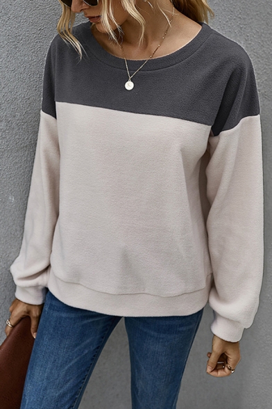Fashion Colorblock Long Sleeve Crew Neck Loose Fit T-shirt for Ladies