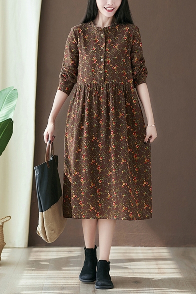 Fashion Womens Ditsy Flower Printed Linen and Cotton Long Sleeve Crew Neck Button Up Mid Pleated Swing Dress