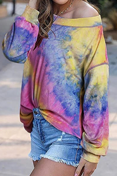 Fashionable Womens Tie Dye Cold Shoulder Oblique Collar Long Sleeve Oversized Pullover Sweatshirt