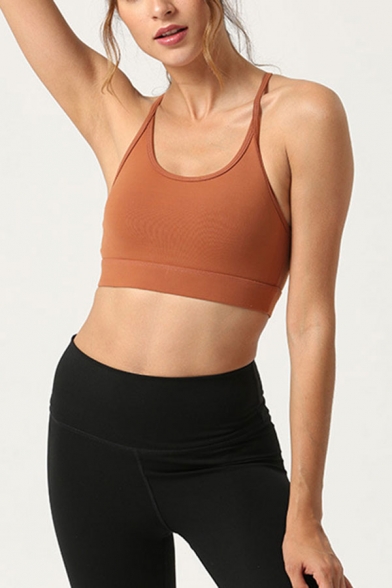 Fitness Ladies Solid Color Spaghetti Straps Scoop Neck Hollow Out Racerback Slim Fitted Crop Cami Top
