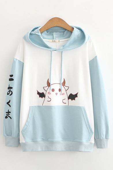 

Girls Fashionable Color Block Cartoon Japanese Letter Graphic Print Drawstring Kangaroo Pocket Long Sleeve Loose Fit Hooded Sweatshirt, Blue;pink, LC705185