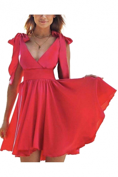 Gorgeous Womens Solid Color Bow Tied Shoulder Surplice Neck Short Pleated A-line Tank Dress in Red