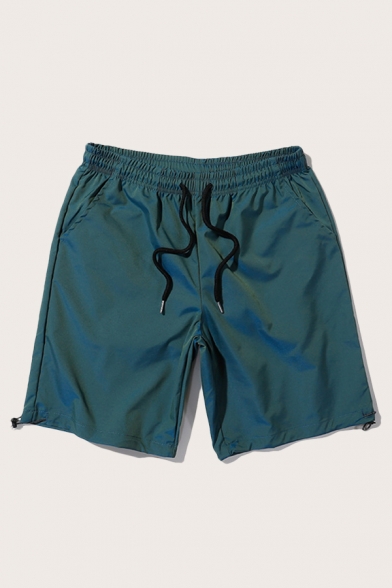 Green Basic Mens Shorts Bungee-Style Cuffs Knee-Length Regular Fitted Drawstring Waist Relaxed Shorts