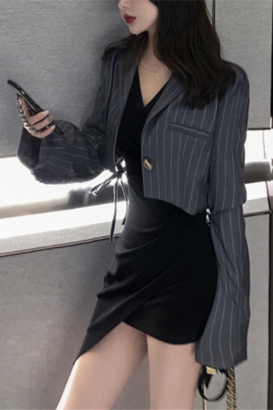 Grey Pinstripe Printed Notched Lapel Collar Tied Cuff Long Sleeve Single Button Cropped Blazer Coat