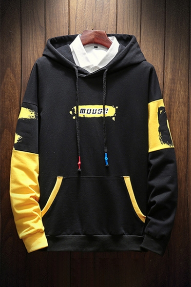 Hip Hop Fashion Colorblock Letter MOUSE Loose Oversized Black and Yellow Hoodie