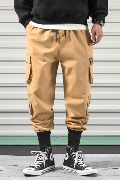 Leisure Mens Flap Pockets Drawstring Waist Cuffed Ankle Length Tapered Fit Cargo Pants