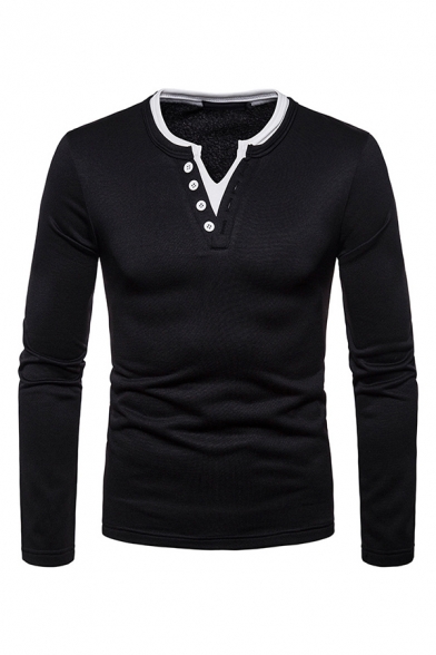 Men's Classic Button V-Neck Long Sleeve Simple Plain Slim Fitted Henley Shirt